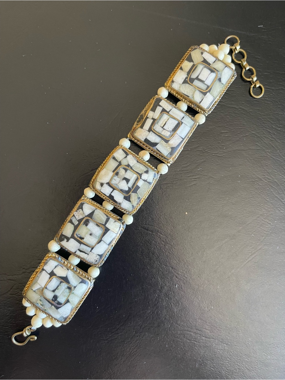 Vintage bone inlay brass Statement Bracelet